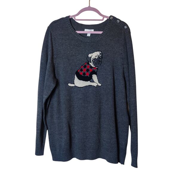 NWT Charter Club Pug Dog Holiday Novelty Ugly Christmas Sweater Large Gray - Picture 1 of 12